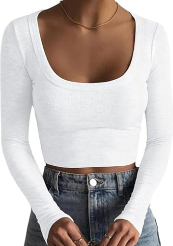 TrendiMax Långärmad damtröja djup hals långärmad toppar crop toppar stretch tröja casual t-shirt, Vit, S