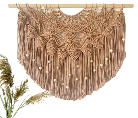 Youngeast Large Macrame Wall Hanging Boho Beaded Curtain for Window Macrame Bedroom Headboard Living Room Wall Art Tassel Tapestry Bohemian Woven Wall Decor 31 W X 25 H (Khaki)