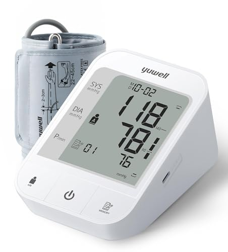 yuwell Oberarm-Blutdruckmessgerät zur Genauen Blutdruck- und Pulsmessung mit Speicherfunktion und Arrhythmie-Erkennung, große Manschette für 22-45 cm Oberarm, Inklusive USB-Kabel und Batterien