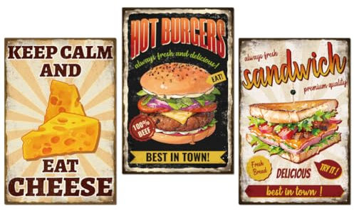 GLOBLELAND Juego de 3 letreros de metal de comida rápida para sándwich de queso y hamburguesa, 30 x 20 cm, placa artística para decoración de pared para el hogar, cocina, bar, restaurante, tienda de
