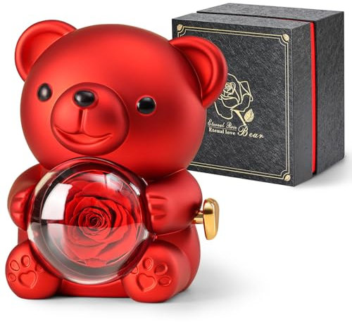 Cute Teddy Bear with Preserved Rose - A Real Rose Flower in Bear with Elegant Gift Box - Romantic Gift for Her in Mother's Day, Weddings, Anniversaries, and Bridal Showers (Red)