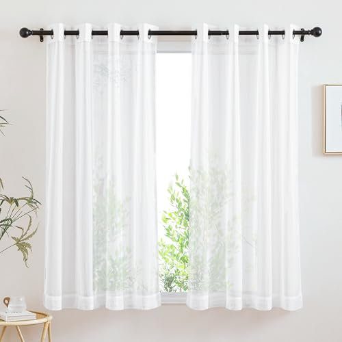 PONY DANCE Net Curtains for Windows 45 drop, White Voile Panels Eyelet Top Semi Transparent Short Sheer Curtains for Kitchen/Living Room, Lightweight Window Treatment Set of 2, 54 x 45 inches