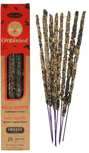 Ullas - Incenso Bastoncini Naturali Palo Santo, Fatti a Mano in India, Lunga Durata 60min, 9-10 Bastoncini, 25 Grammi