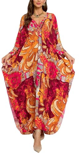 Orshoy Womens Loose Beach Kaftan Dress Bikini Cover Up Maxi Kimono Tunic Swimwear Loungewear Nightdress Summer Orange Red