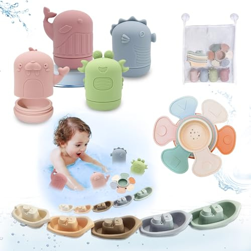 Giochi Bagnetto, 15 Pezzi Giocattoli da Bagno per Bambini, Giocattolo Vasca da Bagno Silicone, Galleggianti Che Spruzzano Giocattolo Doccia, Gioco Sensoriale per Neonati Ragazze Ragazzi 1 2 3 Anni