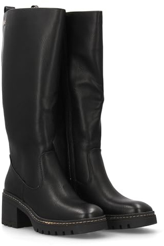 shoes&blues.es 96960 Bota de Cana Alta para Mujer Diseno Elegante. Tacon Ancho Suela Dentada. Cierre de Cremallera Ideal para Otono Invierno. Negro Talla 37