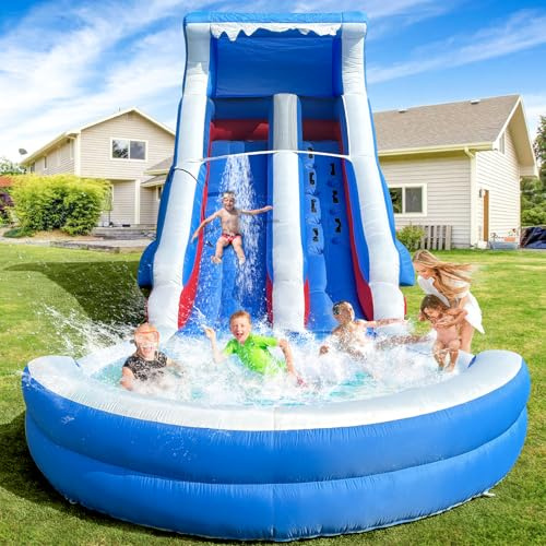 GOFAFALO Inflatable Grade Water Slide with Big Splash Pool, 22.5 * 9.84 * 10.6FT Backyard Party Bule Oxford Water Slide with Air Blower