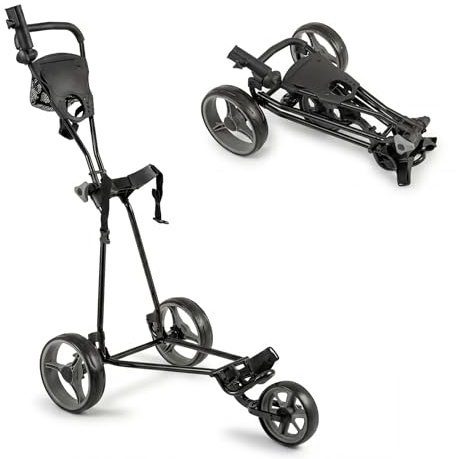 GYMAX Golf Trolley, Folding 3 Wheel Golf Push Cart with Foot Brake, Umbrella & Cup Holder, Adjustable TPR Handle and Mesh Bag, Lightweight Golf Bag Holder (Grey)