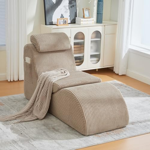 PUGSDRLY Fauteuil Individuel avec 2 Poches latérale, Mousse Haute résilience, Fauteuil de Loisirs Moderne avec appuie-tête et Coussin, Chaise Longue Compact pour Salon, Chambre ou Bureau (Khaki)