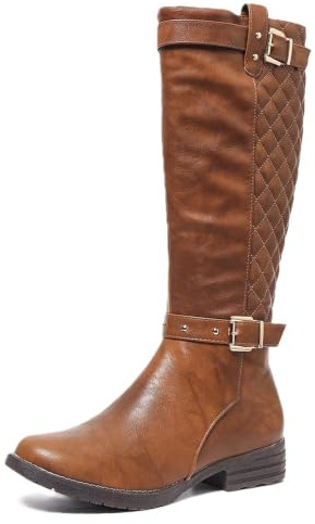 Slouchy rynkade knähöga stövlar för kvinnor platta western cowboy ridstövlar, Pu brun pläd, 39 EU | med spänne nit rem dekor vardagliga höga vinterstövlar för semester fest shopping gatustil födelsedag