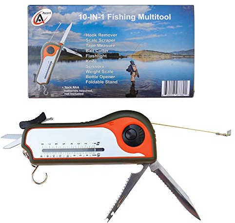 Fisherman Herramienta de Regalo Pesca Multiherramienta-Gancho Remover Escala Scraper, Cinta Medida, Cortador de cebos, Linterna, Cuchillo, Tijeras, Escala de Peso, Abridor de Botellas, Idea de Regalo