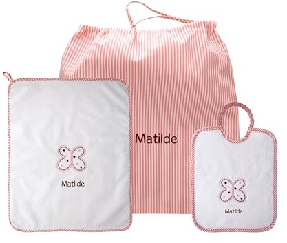 Coccole - Set Asilo Nido Personalizzato - Set Asilo Personalizzato con Nome Bavaglino, Sacca e Asciugamano - Set Asilo Personalizzato 3pz Bimbo/Bimba - Farfalla Rosa