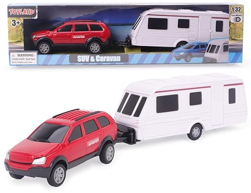 Toyland® Röd bil med avtagbar husvagnsuppsättning - 1:32 Skalbar frihjuls-SUV och släpvagn samlarleksaksfordon för barn - Ålder 3+