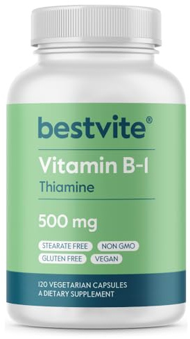BESTVITE Vitamin B-1 (Thiamin) 500mg (120 Vegetarian Capsules) - No Stearates - Vegan - No Calcium Carbonate - Non GMO - Gluten Free - No Silicon Dioxide