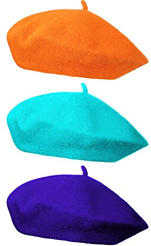 HESTYA 3 Pcs Wool Beret Hat French Style Wool Beanie Cap Solid Color Winter Hat for Women and Girls Casual Use (Light Blue,Royal Blue,Orange)