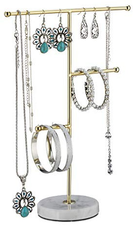 relaxdays Portagioielli, Base in Marmo & 3 Aste Porta Collane, Stand Portagioielli per Orecchini & Bracciali, Bianco/Oro