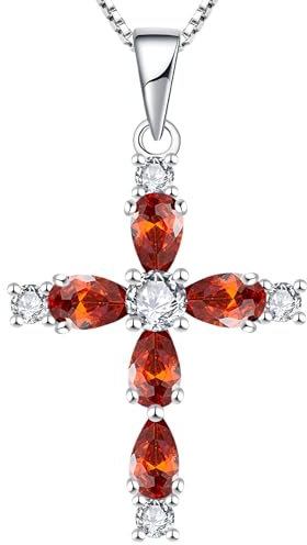 YL Collier Croix en Argent 925 avec Janvier Pierres de Naissance Grenat Cadeaux Pendentif Crucifix pour Maman Femme, 45-48 CM