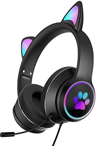 Auriculares de oreja de gato, ligeros auriculares para juegos con cable y luz LED, sonido estéreo plegable con micrófono y cable de audio 3.5 para teléfono móvil/tableta/ordenador portátil/PC (negro)
