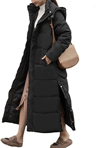 Abrigo Plumas de Cremallera Chaqueta Acolchado Largo con Capucha Mujer Invierno Casual Más Gruesa Abrigo Parka Larga Plumiferos Ajustados de Moda Chaqueta de Plumón Abrigo Acolchado Largo Negro XXL