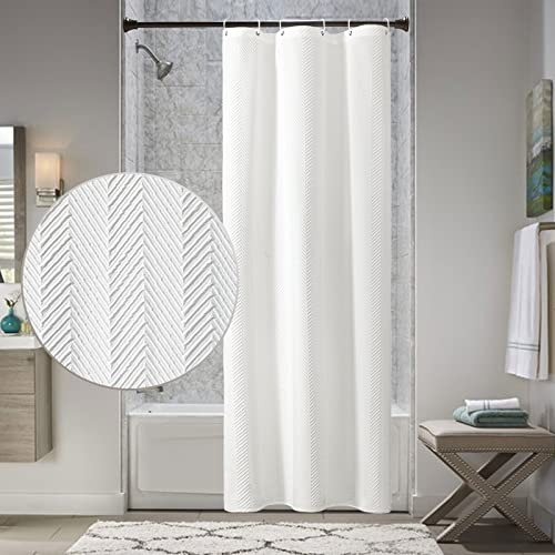 Gibelle Tenda da doccia piccola a forma di stallo, 36 x 72, stretta mezza 3D goffrato tessuto bianco testurizzato tenda da doccia per bagno, moderna fattoria Boho a spina di pesce set con ganci