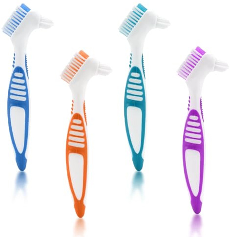 Simsky 4 Pcs Brosse pour Prothèse Dentaire Double Face, Têtes à Double Angle, Handbrush Ultra Doux, Ergonomique pour Nettoyage
