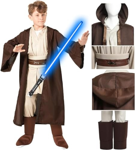 Costume de Jedi Obi Wan Kenobi, pour enfant, avec capuche, robe et ceinture, ensemble complet pour Halloween et cosplay