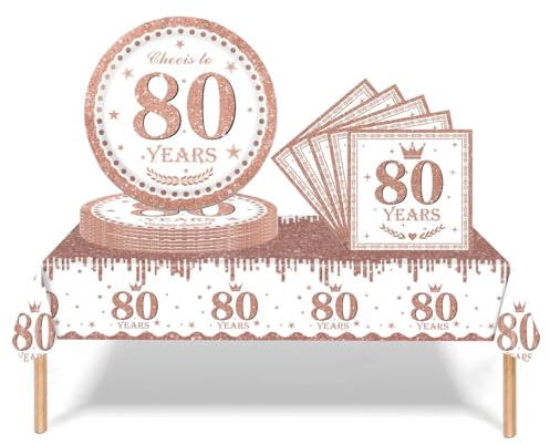 37Pcs 80th Birthday Tableware Set Rose and Gold,80th Birthday Decorations with Party Paper Plates and Napkins,Plastic Table Cloth for Her Women Happybirthday Table Decoration Dinnerware Supplies