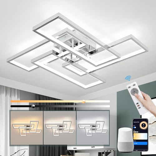 Vloitgol Plafoniera moderna LED, 66cm Plafoniere LED cromate dimmerabili con telecomando, Lampada da soffitto argentata 4 quadrati per sala da pranzo, camera da letto, ufficio, cucina, soggiorno - 56W