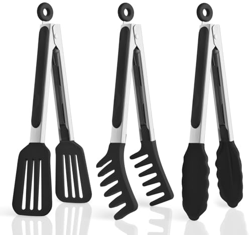 3 Pack Silicone Tongs for Cooking,Maywe Tanso 9 Inch Cooking Kitchen Tongs with Silicone Tips,Nonstick Stainless Steel Tongs for Steak Pie Pizza Pasta Spaghetti Salad BBQ Buffet