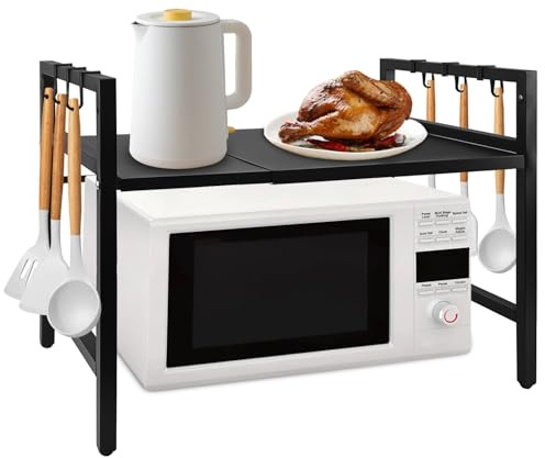 Enenes Microwave Oven Rack Expandable 2-Tier Microwave Shelf - Sturdy Metal Kitchen Storage Organiser with 6 Hooks, Adjustable Space-Saving Rack for Countertop, Worktop & Cabinets