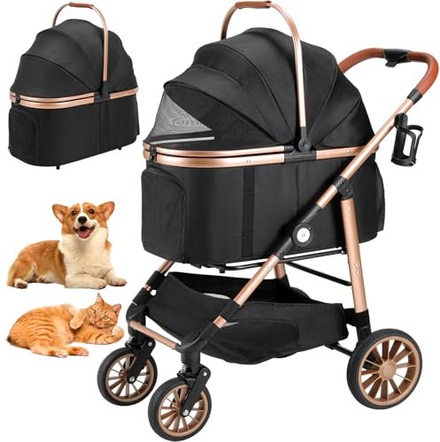MAMIZO Pet Stroller for Medium Dogs Cats Up to 55 lbs, All-Terrain 3-in-1 Dog Stroller with Detachable Carrier, Rubber Wheels, One-Click Folding, Storage Basket & Cup Holder, for Senior Dogs & Cats