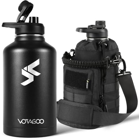 64Oz Tactical Water Bottle - Half Gallon Stainless Steel Insulated Water Bottle, Metal Military Bottle with Rugged, Removable Sleeve Tactical Carrier Bag for Hiking Camping Hunting