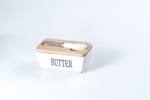 Ceramic Butter Dish with Lid and Knife – Butter Keeper with Double Silicone Seal for Countertop or Fridge – Airtight Butter Dishes for Better Freshness Perfect for Room & Kitchen Decor (350ml,White)