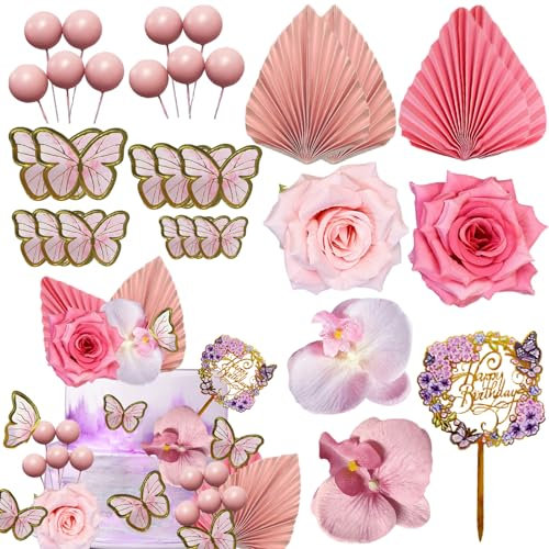 SDIDVIEXPERT 29 PCS Rose Artificial Flower Leaves Cake Decorations Paper Palm Fan Cake Toppers Ball Cake Decorations for DIY Wedding Birthday Party Baby Shower Valentine's Day(Pink)
