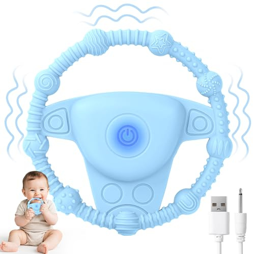 Vibrating Teething Toy with 3D Multi-Texture, Food-Grade Silicone Sensory Chew Toy for Autism Kids and Baby 3-18 Months, Baby Teething Ring for Teething Relief, Deep Blue