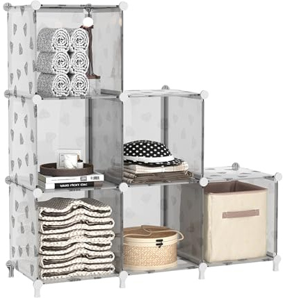 UNKU Cube Storage Organizer, 6 Cube Closet Organizer Storage Shelves, DIY Stackable Bookcase, Clothes Organizer Shelf for Closet, Bedroom, Living Room, Cabinet, Home, Office, Translucent