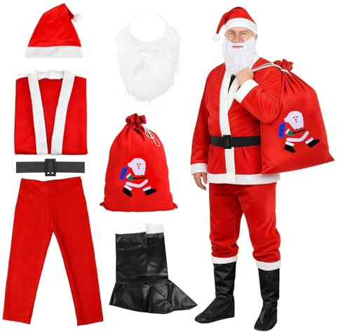 DTXYBC Costume da Babbo Natale Uomo, 7 Pezzi Vestito Babbo Natale Uomo per Adulto, con Cappello, Barba, Pantaloni, Cintura, Copristivali e Borsa Regalo, per Natales, Festa a Tema e Cosplay