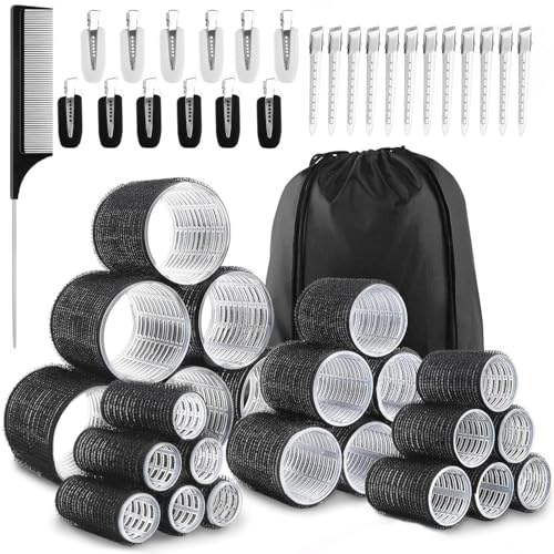 50 Stücke Lockenwickler Set mit Aufbewahrungstasche, 4 Größen 60/48/36/25mm Hair Rollers mit 24 Stücke Edelstahl Clips, Lockenwickler Groß, Hair Rollers with Clips für Lange, Mittlere & Kurze Haare