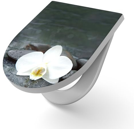 DEQORI Toilettensitz mit Motiv Kontrastreiches Zen-Motiv | WC Sitz in Weiß aus Duroplast | Format 36,4x45,4 cm – antibakterielle Klobrille für D-Form WC mit Deckel – pflegeleicht & dekorativ