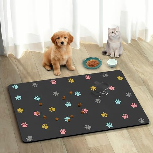 Cuicany Super Assorbente Tappetino Ciotole Gatto, 50x30 cm, SottoCiotola Gatto in Terra Diatomacea, Tappetino Ciotola Cane Antiscivolo, Ad Asciugatura Rapida, Antiscivolo Nero per Cani e Gatti
