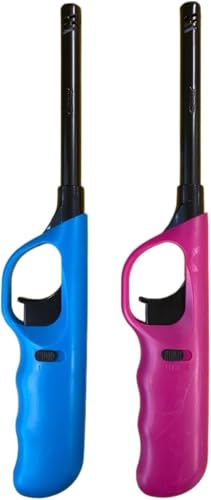 QBAK (SET 2 PEZZI) Accendigas Accendino Ricaricabile, Accendifuoco con Blocco di Sicurezza, Plastica, 25 cm, Colori Assortiti Fucsia Verde Giallo Blu, Stile Classico