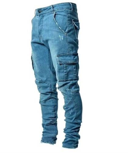 Generiska jeans för män straight : Denim byxor med många fickor jeans andningsbara tygbyxor överdimensionerade jeans slim fit stretchjeans vintage fritidsbyxor klassiska avslappnade utomhusbyxor, blå
