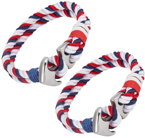 CREATCABIN 1 Box 2Pcs American Flag Bracelets Nautical Anchor Bracelet Independence Red White Blue Stainless Steel Nylon Sailor Handmade Braid Rope Wrap Wristband Cuff for Men Accessories 8.3 Inch