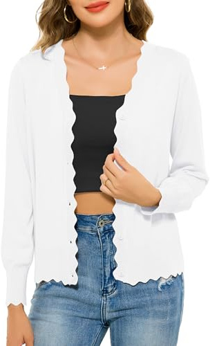 Lovasy Cardigans for Women UK Long Sleeve V Neck Button Down Ladies Cardigans Summer Lightweight Women's Scalloped Edge Knit Cardigan