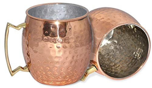 Dungri India - Taza de cobre martillado con diseño de moscú, 18 onzas, juego de 2 unidades, hecha a mano de 100% cobre puro, forro de níquel, mango de latón