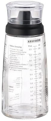 Leifheit Glass Salad Dressing Bottle 10 oz – Durable Eco-Friendly Glass with Leakproof Plastic Lid, Non-Drip Spout, Built-In Recipe Guide, Dishwasher Safe, German Design – Black