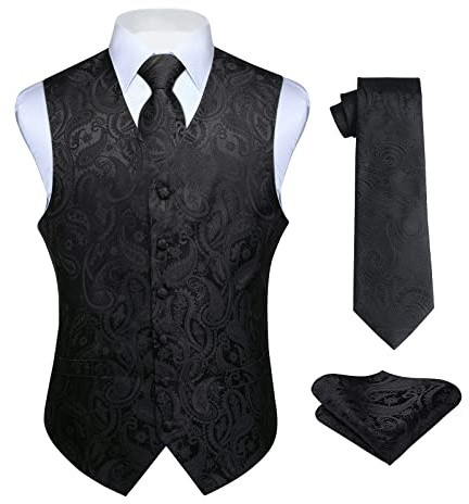 HISDERN Chaleco y corbata de jacquard floral paisley clasico para hombre y traje de chaleco cuadrado de bolsillo Negro 3XL