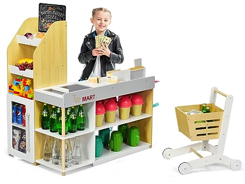 COSTWAY Gioco Negozio Bancarella per Bambini, Market Mercato in Legno, con Carrello della Spesa e Cassa, Bianco e Legno