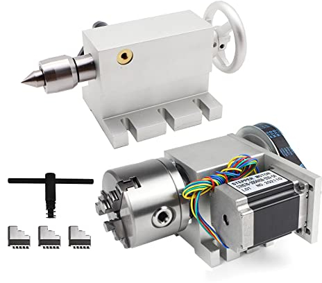 ﻿RATTMMOTOR CNC Drehachse, 4 Achse CNC Rotary Axis K11-80mm Hohlschaft Teilapparat Untersetzungsverhältnis von 6:1, mit 3-Backenfutter und 65mm Reitstock für CNC Drehmaschine