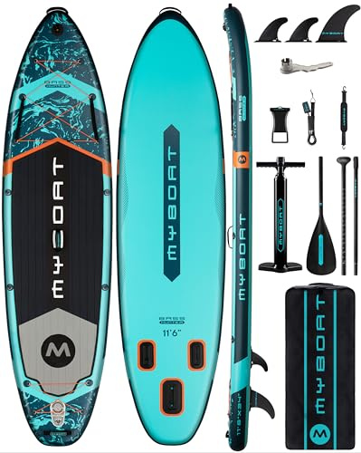 MYBOAT 11'6×34×6 Extra Wide Inflatable Paddle Board, Stand Up Paddle Board for Fishing, Sup Board with 3 Removable Fins, Dual Bungees, Camera Mount, Hand Pump, Strong Paddle,Leash